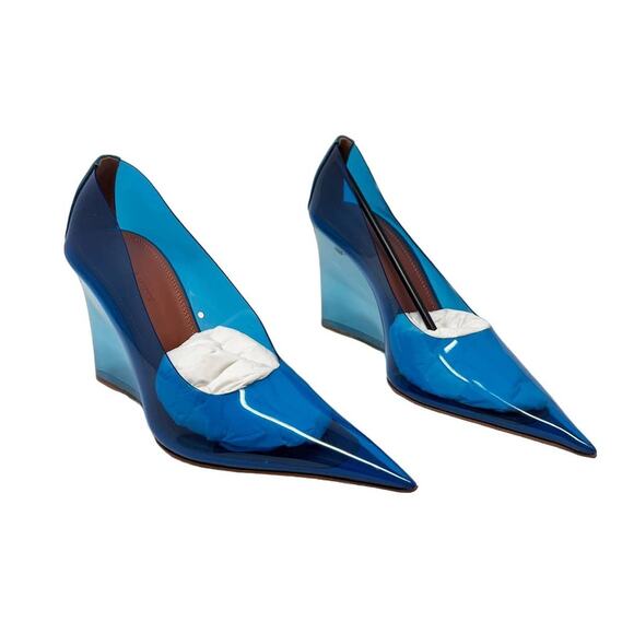 NEW Amina Muaddi Ane Pointed Toe PVC Glass Patent Wedges Heels Blue US 7.5 - Picture 4 of 13